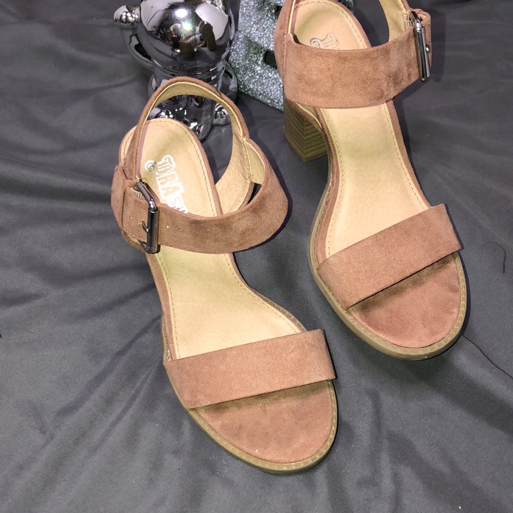 Beige Suede open toe ankle clasp heels